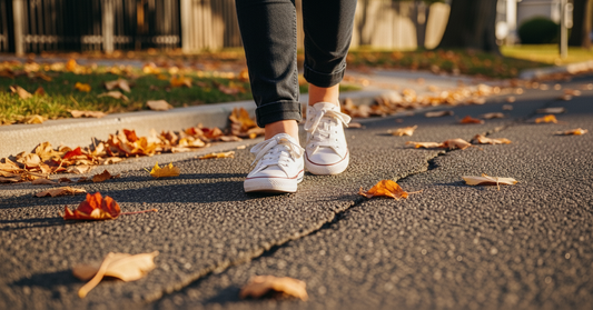 Close up of a person's feet, wearing casual white sneakers walking on a neighborhood road in afternoon sunlight, with fallen leaves blowing on the street