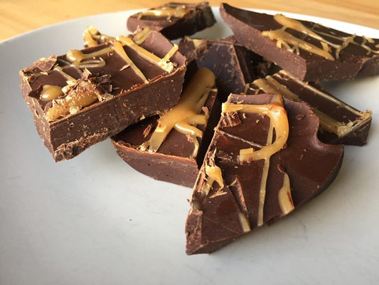 Sugar free dark chocolate salted caramel bark