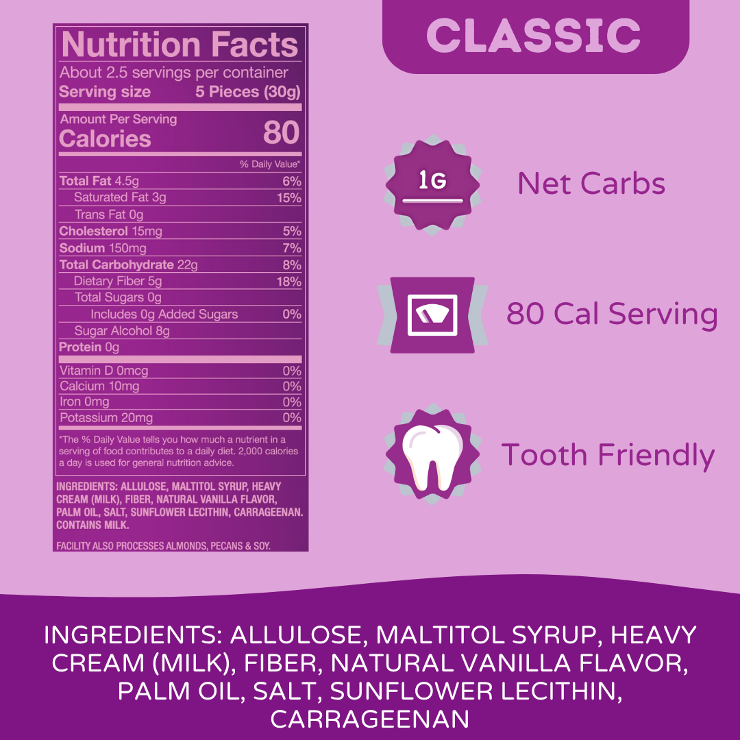 Nutrition facts label and ingredient list for Classic caramels with purple background