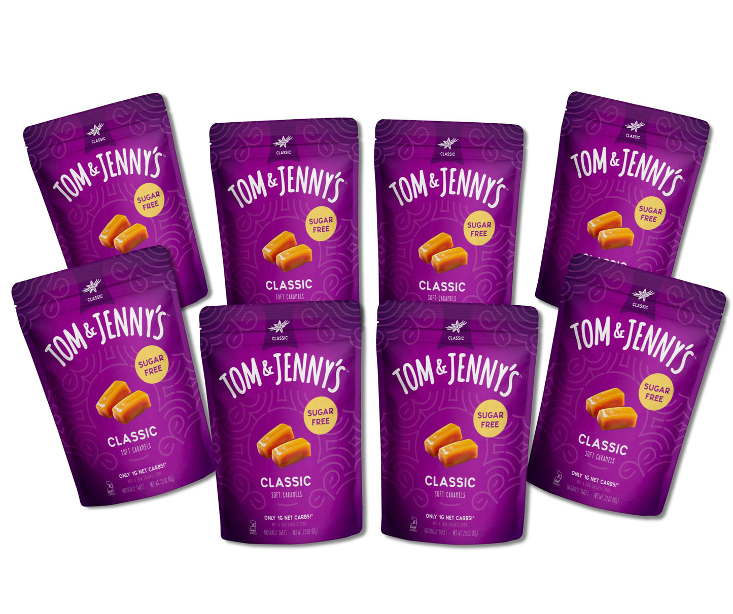 8 packages of Tom & Jenny's classic caramels on a white background