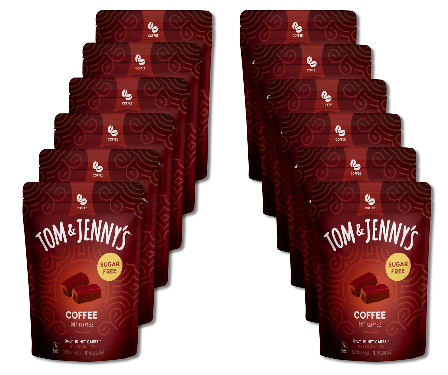 12 packages of Tom & Jenny's sugar-free coffee on a white background