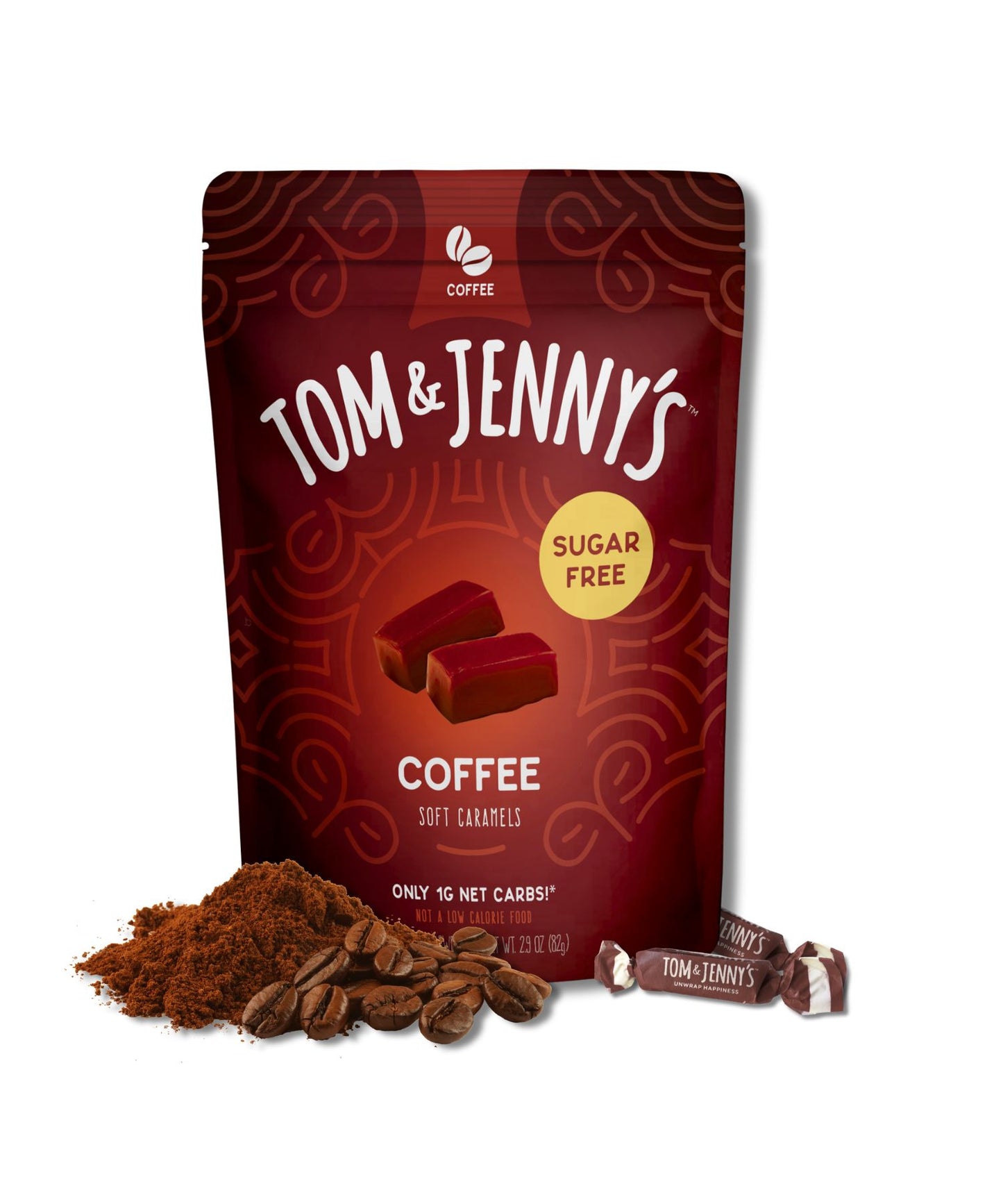 One bag of Tom & Jenny's coffee soft caramels on a white background