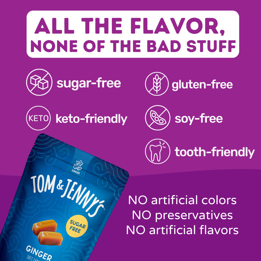 Tom & Jenny's ginger caramels package with health benefits on a purple background