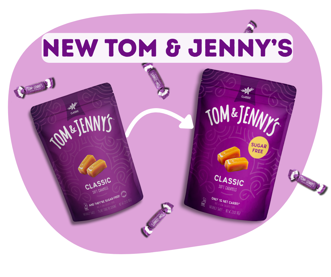 Two purple packages of Tom & Jenny's candy on a light purple background with 'New Tom & Jenny's' text.