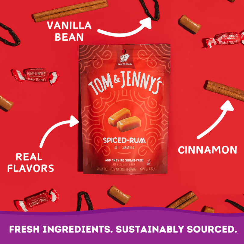 Tom & Jenny's Spiced-Rum caramels packaging on a red background with vanilla bean, cinnamon, and real flavors text.