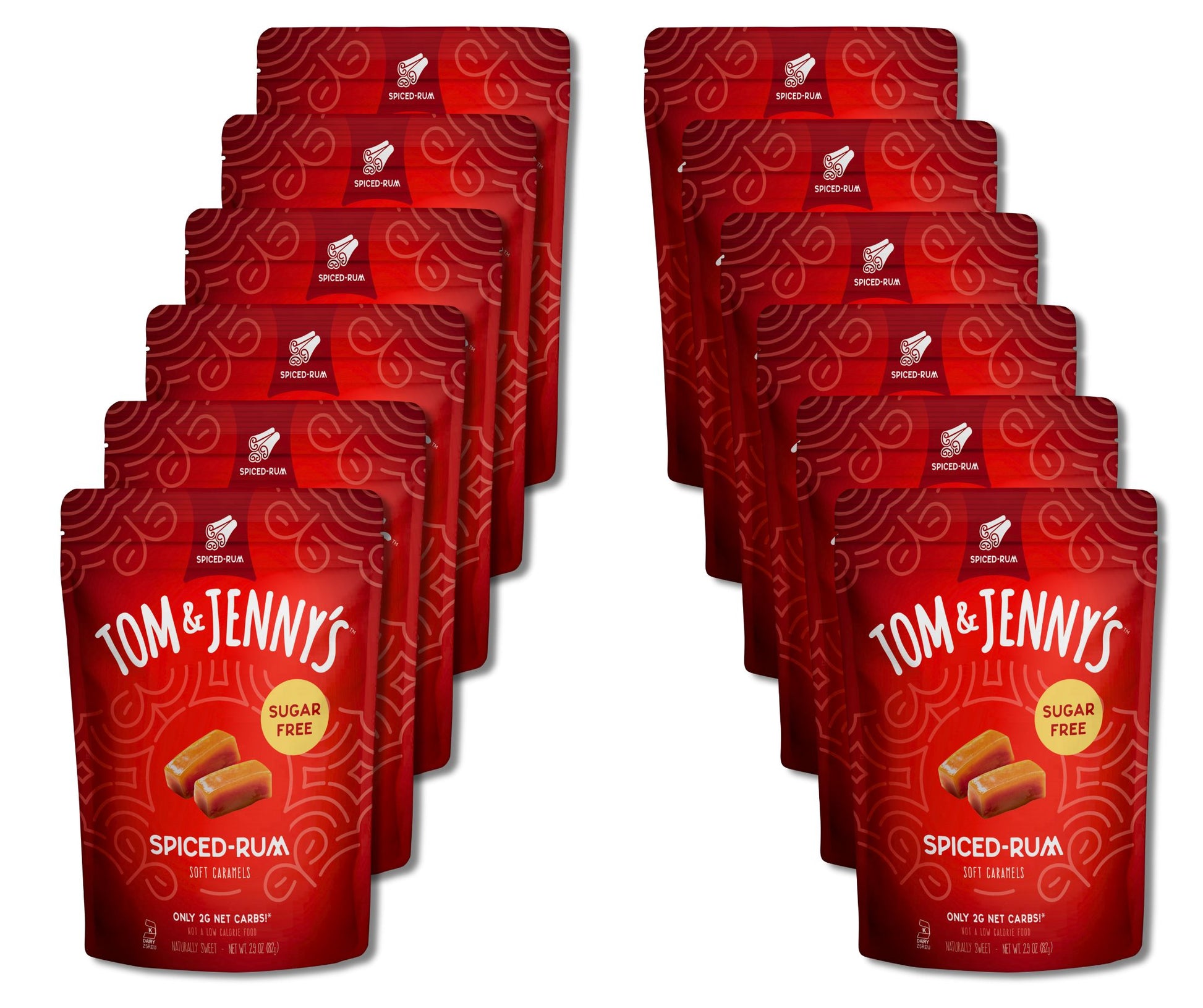 12 packages of Tom & Jenny's Spiced Rum caramels on a white background
