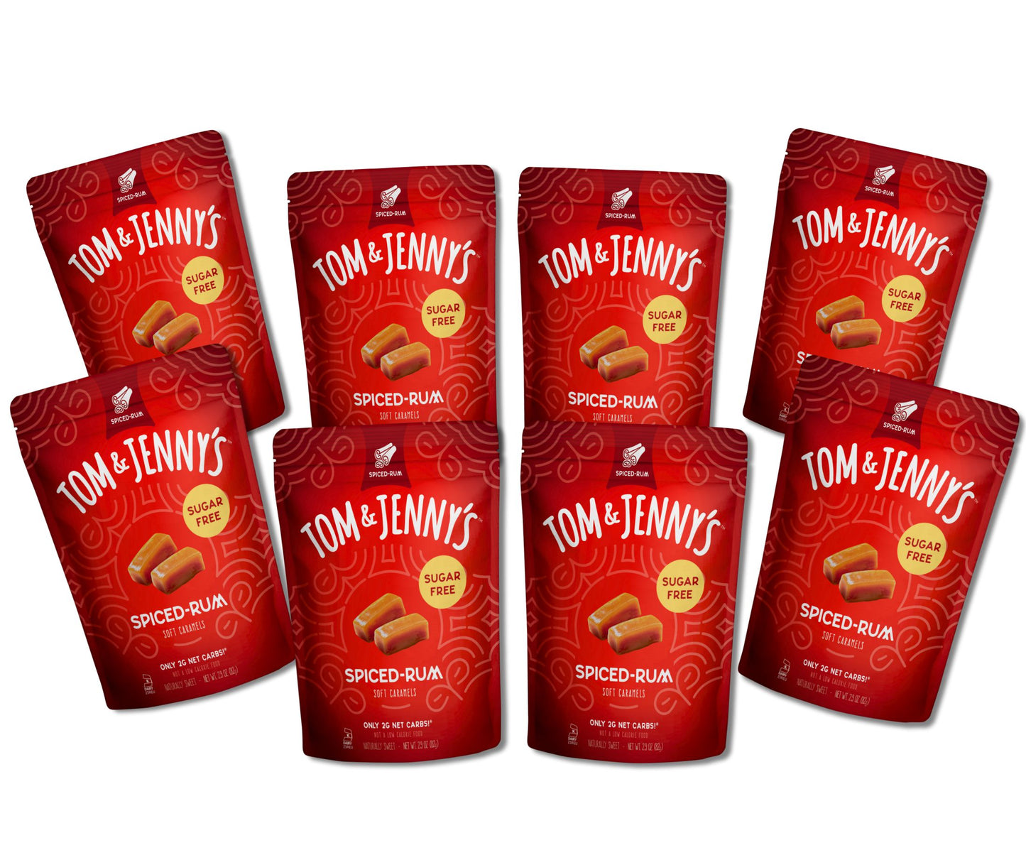 8 packages of Tom & Jenny's Spiced Rum caramels on a white background