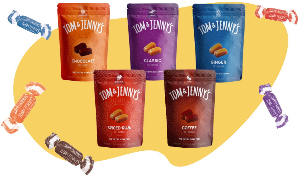 image depicting a variety of tom and jenny's caramel packs and wrapped caramels