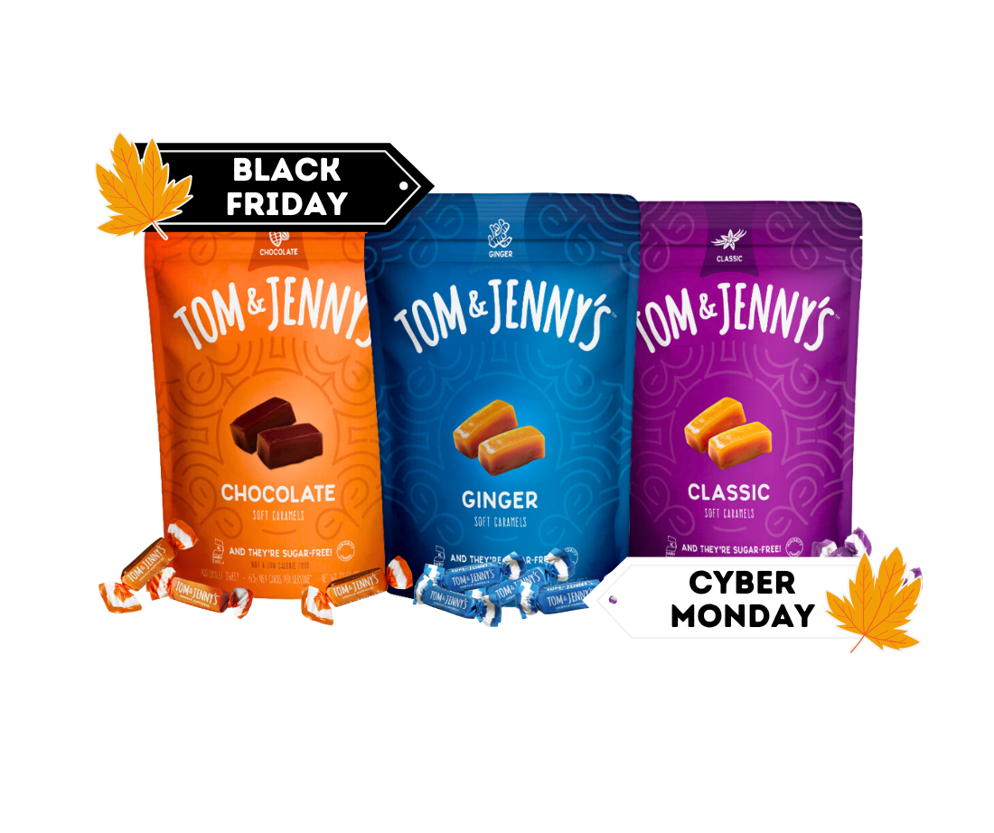 Image of a bag of classic caramels, chocolate caramels, and ginger caramels with a tag saying "Black Friday" and a tag saying "Cyber Monday"