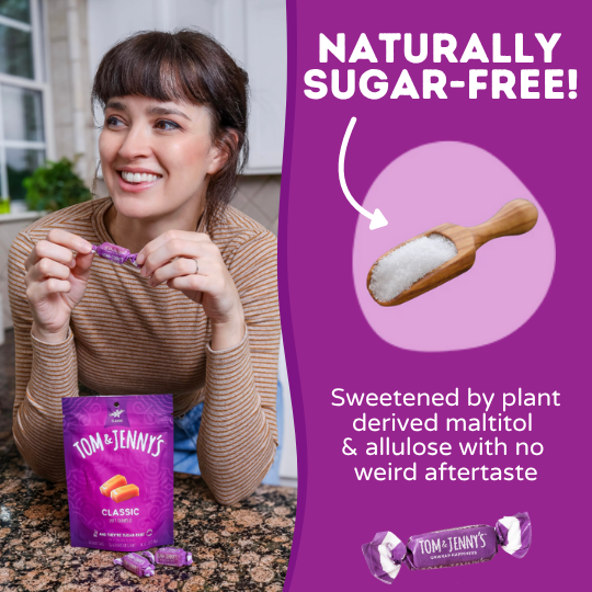 Woman holding a sugar-free candy with packaging and promotional text saying it's naturally sweetened