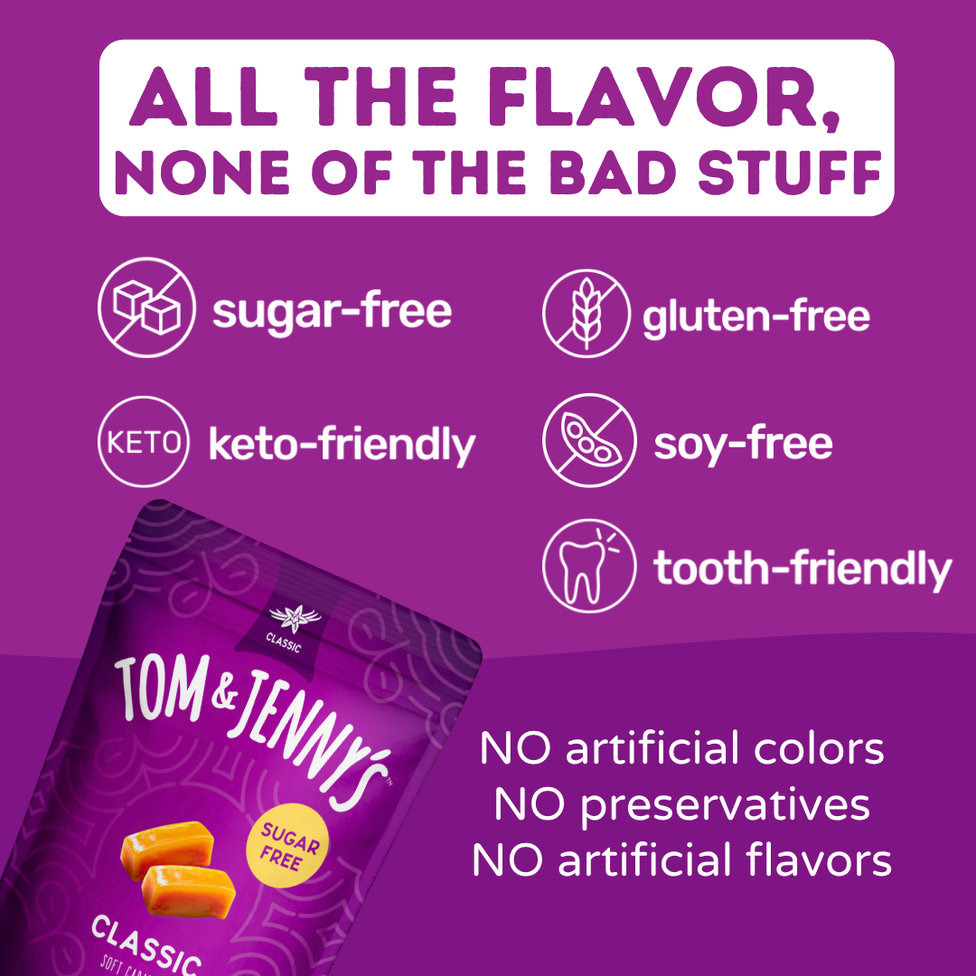 Tom & Jenny's Classic sugar-free caramels packaging with health benefits on a purple background
