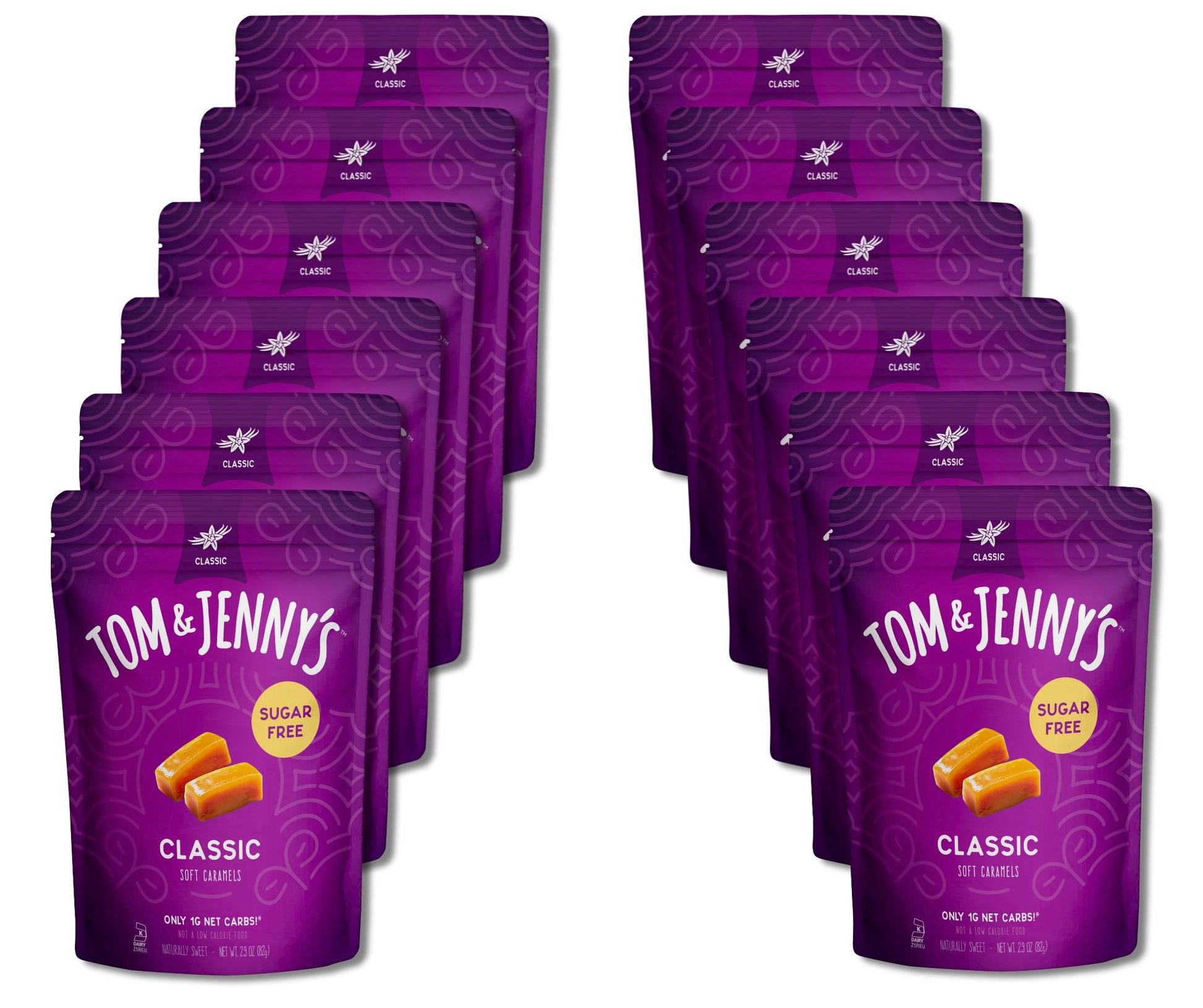 12 packages of Tom & Jenny's Classic soft caramels on a white background