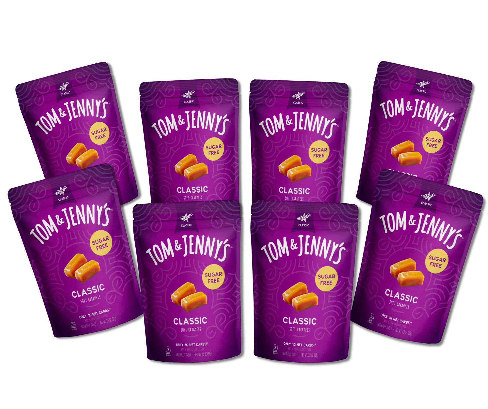8 packages of Tom & Jenny's classic caramels on a white background