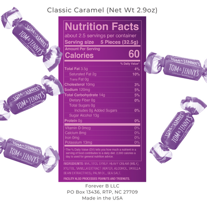 A composite image combining the nutrition label, ingredient label, distributor address and five pieces of wrapped classic flavor caramel floating around the periphery of the image
