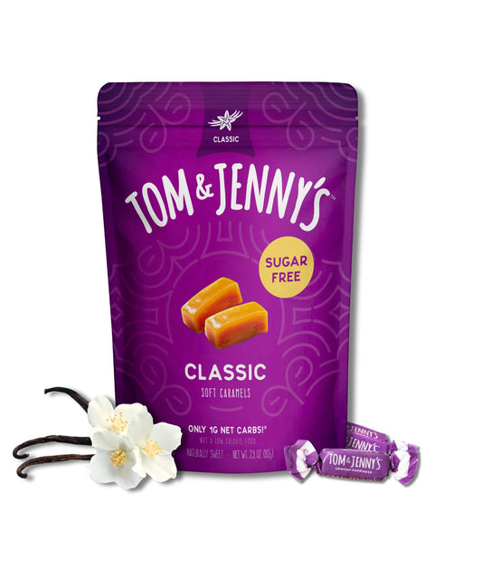 One bag of Tom & Jenny's classic soft caramels on a white background