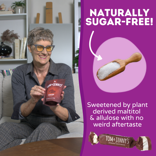 Woman holding a bag of Tom & Jenny's coffee caramels with a purple sidebar highlighting 'Naturally Sugar-Free' and product details.