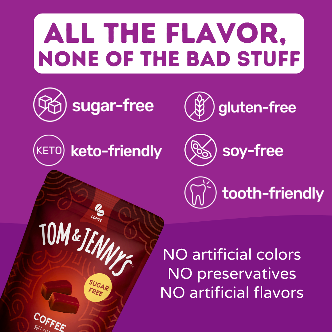 Tom & Jenny's sugar-free coffee package with health benefits on a purple background