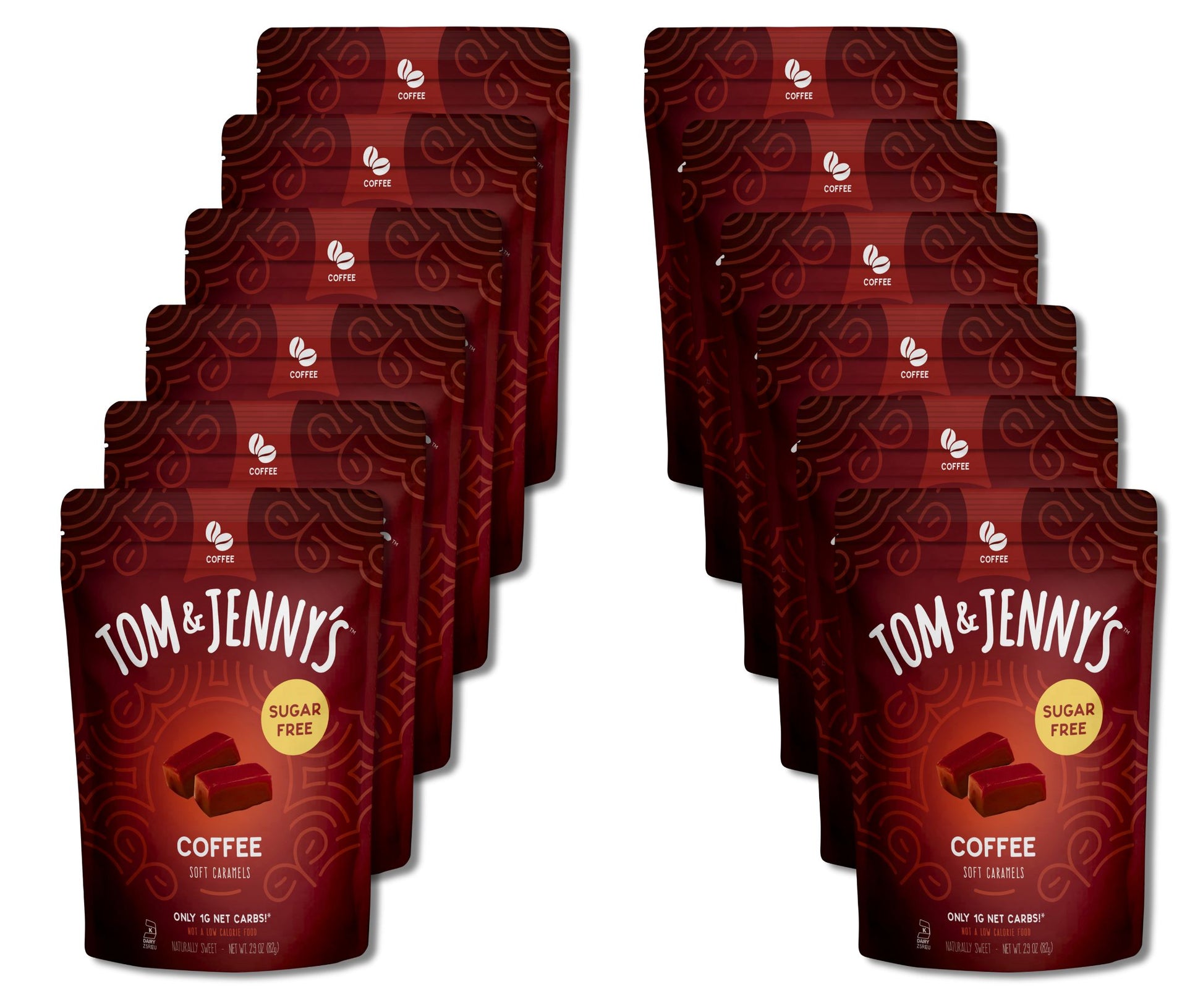 12 packages of Tom & Jenny's sugar-free coffee on a white background