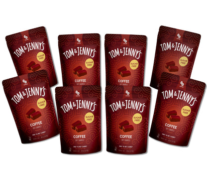 8 packages of Tom & Jenny's sugar-free coffee caramel on a white background