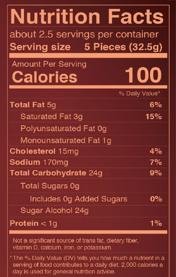 Coffee flavor soft caramels nutrition facts label. 2.5 servings per container. Serving size 5 pieces. Calories per serving 70. Total Fat 3.5g (4% daily value). Saturated fat 2g (10%). Trans Fat 0g. Cholesterol 10mg (3%). Sodium 115mg (5%). Total Carbohydrate 13g (5%). Dietary Fiber 0g (0%). Total Sugars 0g. Includes 0g Added Sugars (0%). Sugar Alcohol 13g. Protein 0g (0%). Vitamin D 0mcg (0%). Calcium 8mg (0%). Iron 0mg (0%). Potassium 15mg (0%)