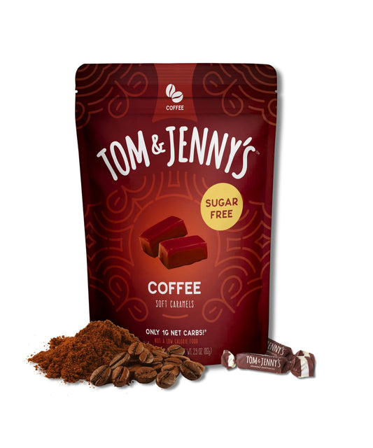 One bag of Tom & Jenny's coffee soft caramels on a white background