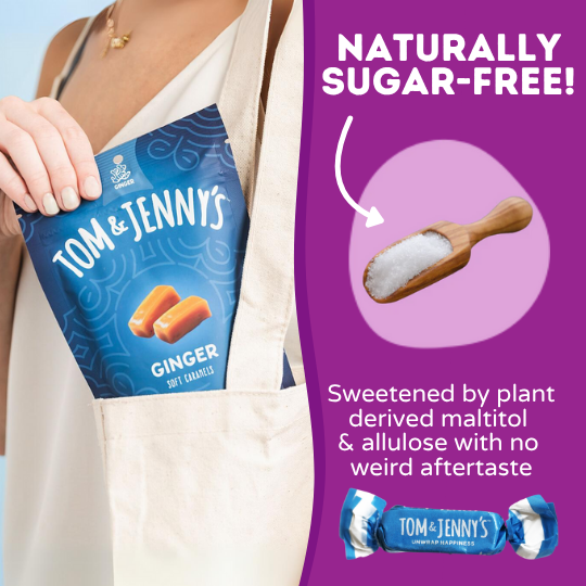 Tom & Jenny's ginger caramels packaging with text saying it's naturally sweetened