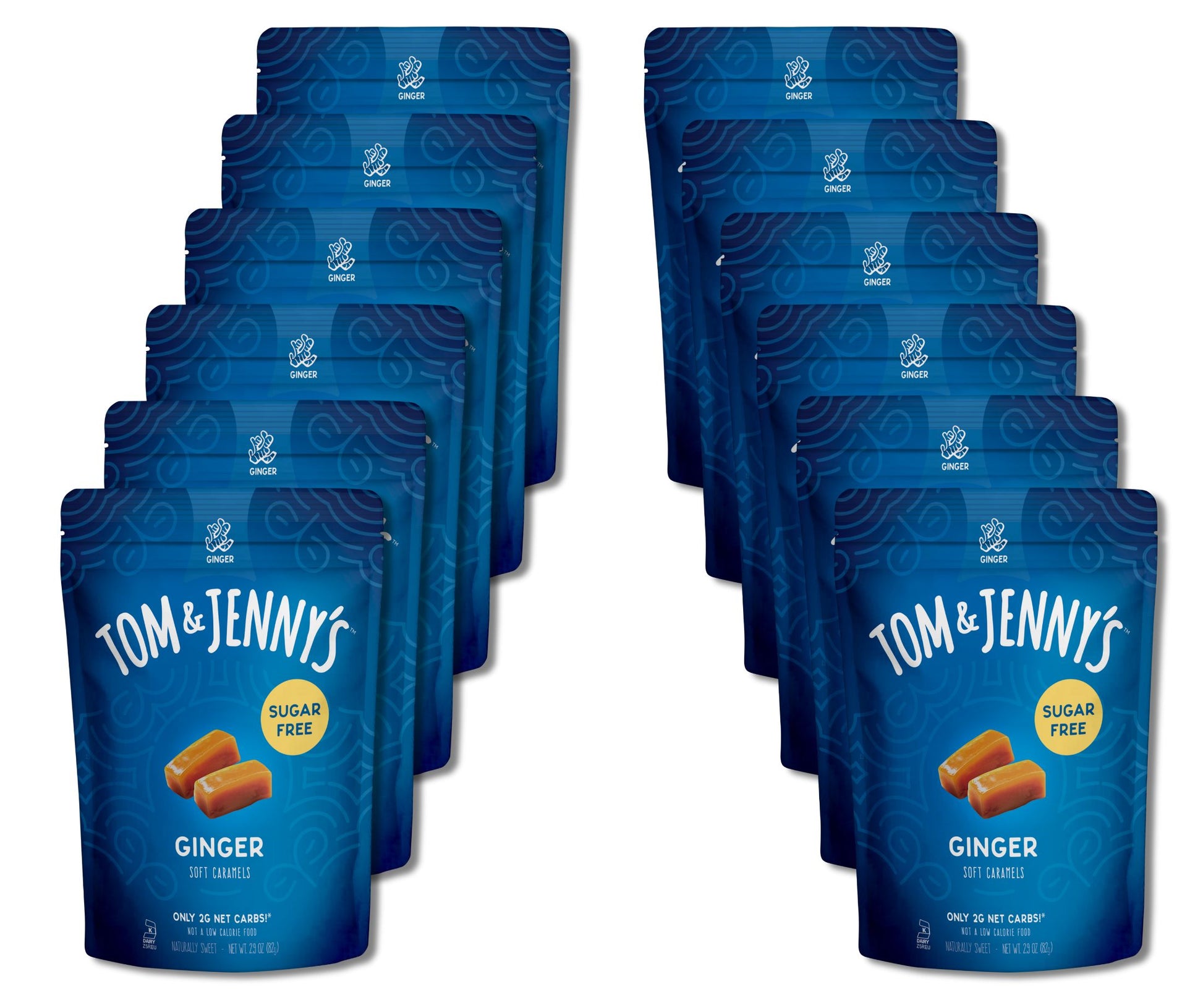 12 packages of Tom & Jenny's ginger candy on a white background