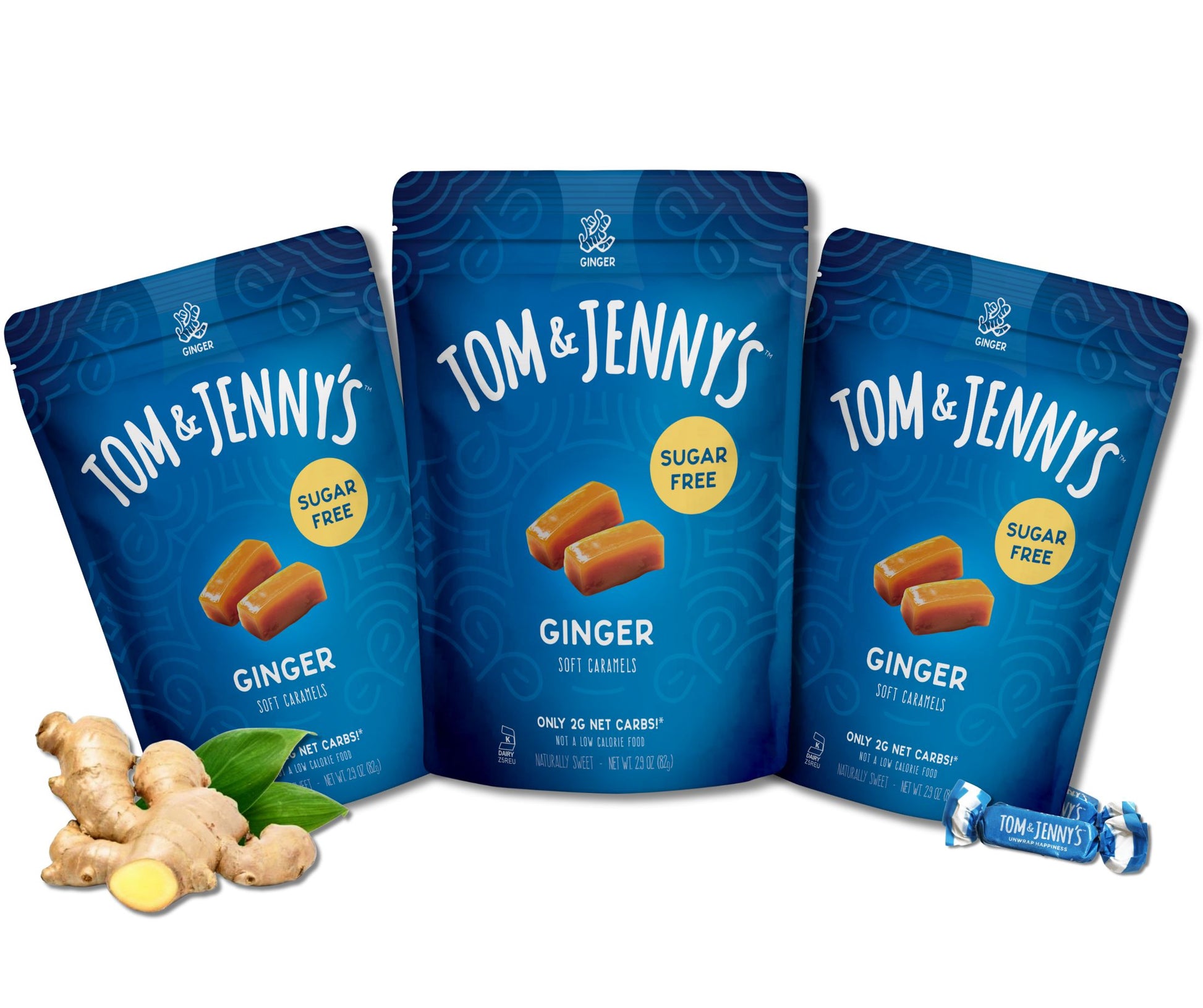Three packages of Tom & Jenny's ginger soft caramels on a white background with ginger root in the bottom left