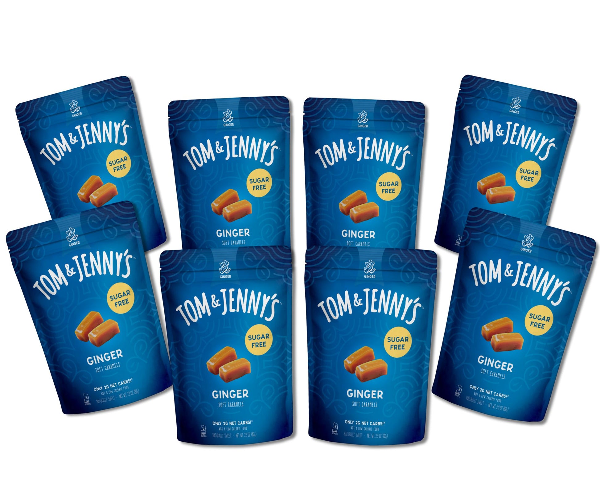 8 packages of Tom & Jenny's ginger caramels on a white background