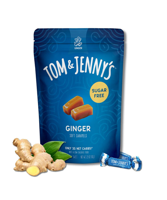 One bag of Tom & Jenny's ginger soft caramels on a white background