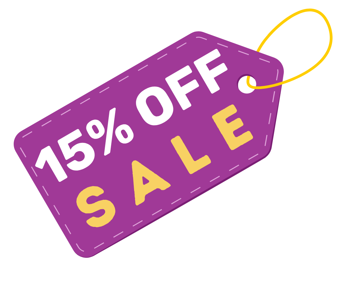 A purple sale tag graphic with a yellow loop at the top, reading '15% OFF SALE' in white and yellow text.