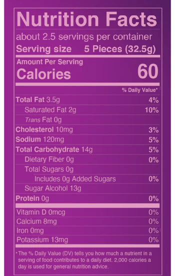 Classic flavor soft caramels nutrition facts label. 2.5 servings per container. Serving size 5 pieces. Calories per serving 60. Total Fat 3.5g (4% daily value). Saturated fat 2g (10%). Trans Fat 0g. Cholesterol 10mg (3%). Sodium 120mg (5%). Total Carbohyd