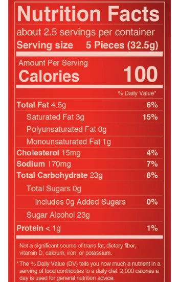 Spiced rum flavor soft caramels nutrition facts label. 2.5 servings per container. Serving size 5 pieces. Calories per serving 100. Total Fat 4.5g (6% daily value). Saturated fat 3g (15%). Polyunsaturated Fat 0g. Monounsaturated Fat 1g. Cholesterol 15mg (