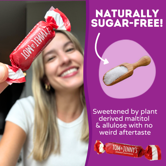 Person holding a sugar-free Spiced Rum caramel saying it's naturally sweetened