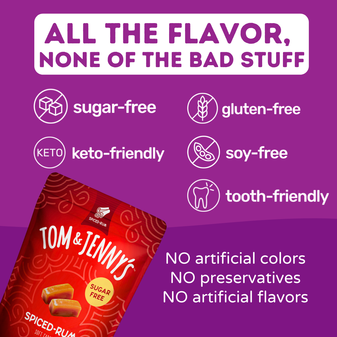 Tom & Jenny's sugar-free spiced rum candy packaging with health benefits on a purple background