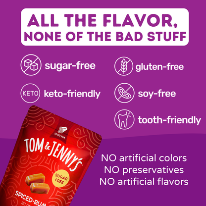 Tom & Jenny's sugar-free spiced rum candy packaging with health benefits on a purple background