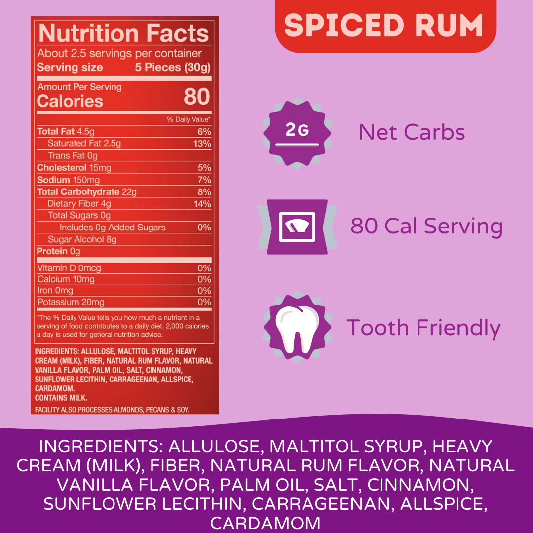 Nutrition facts label and ingredients list for spiced rum caramels on a purple background