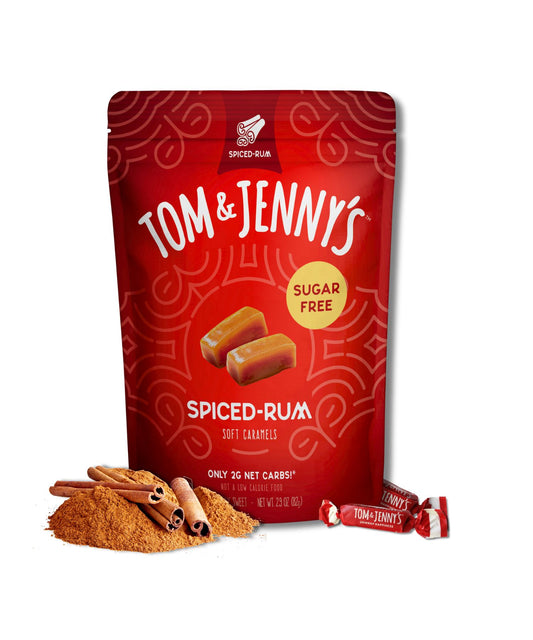 One bag of Tom & Jenny's spiced rum soft caramels on a white background