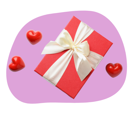 Image of a red present box with a white bow with three small red hearts around it on a pink background