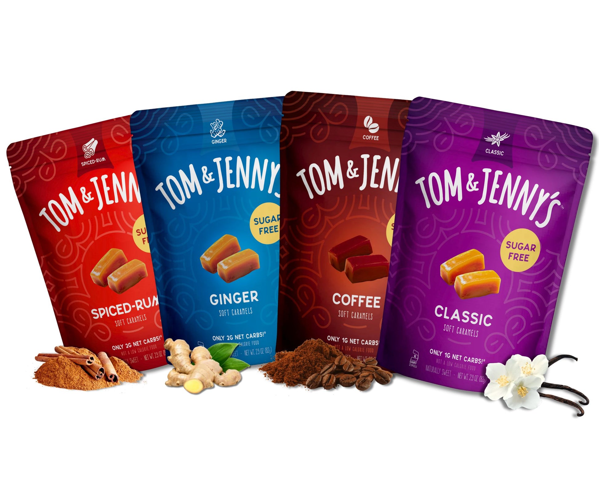 One bag each of Classic, Coffee, Ginger, and Spiced Rum Tom & Jenny's soft caramels on a white background