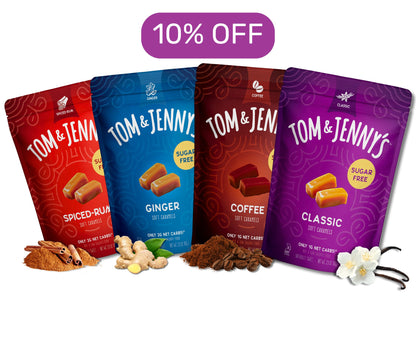 A variety 4-pack of Tom & Jenny's that includes a Classic, a Coffee, a Ginger, and a Spiced Rum bag of sugar free caramel and text at the top that says "10% off"