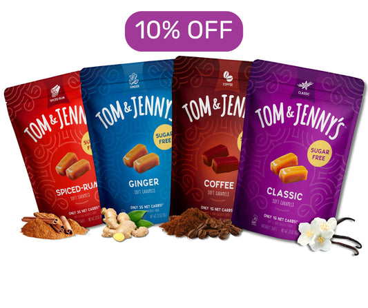 A variety 4-pack of Tom & Jenny's that includes a Classic, a Coffee, a Ginger, and a Spiced Rum bag of sugar free caramel and text at the top that says "10% off"
