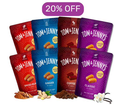 A variety 8-pack of Tom & Jenny's that includes two bags of Classic, Coffee, Ginger, and Spiced Rum sugar free caramels and text at the top that says "20% off"