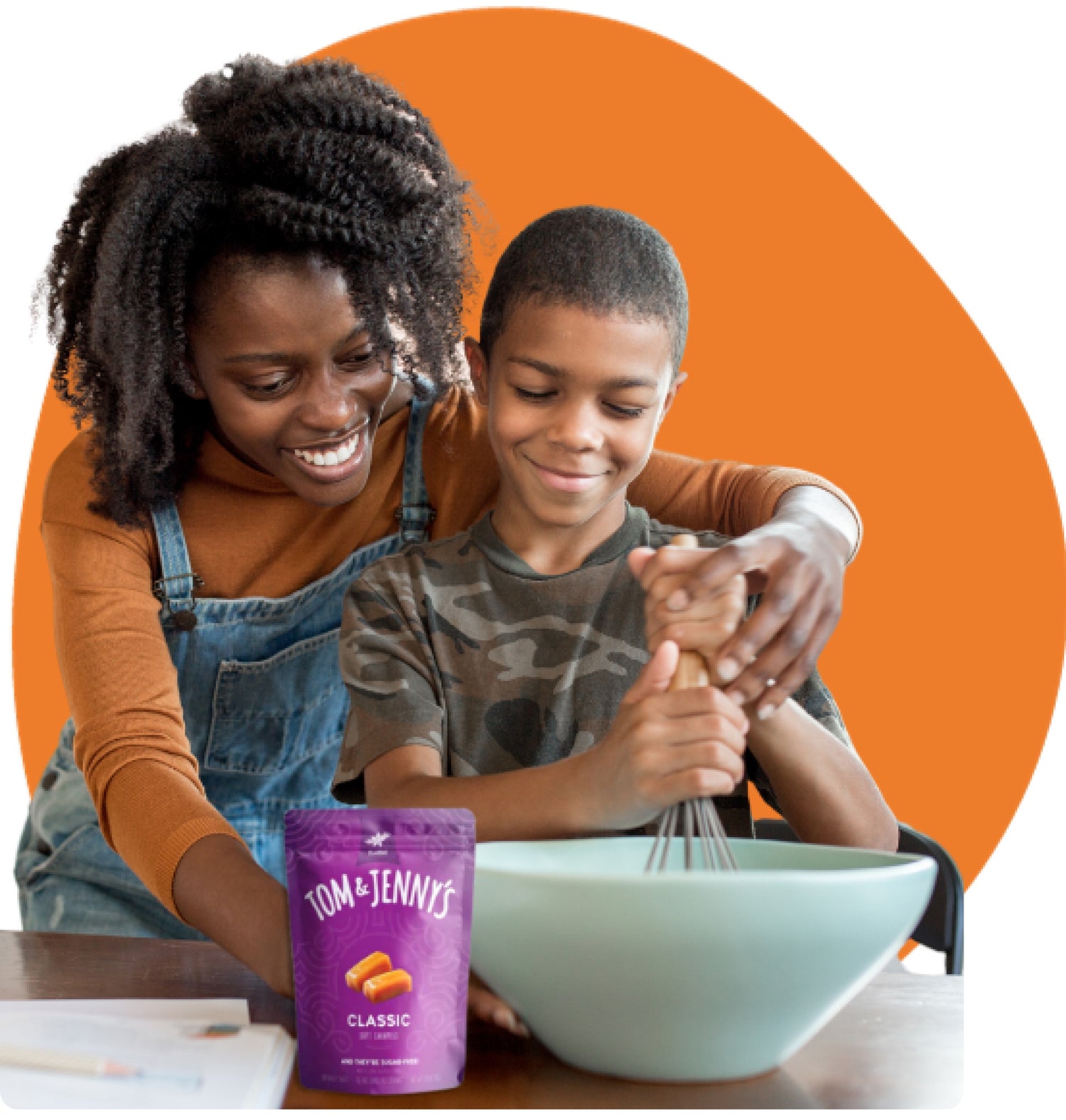 a mother and son mixing classic caramel in a mixing bowl for a tasty dessert